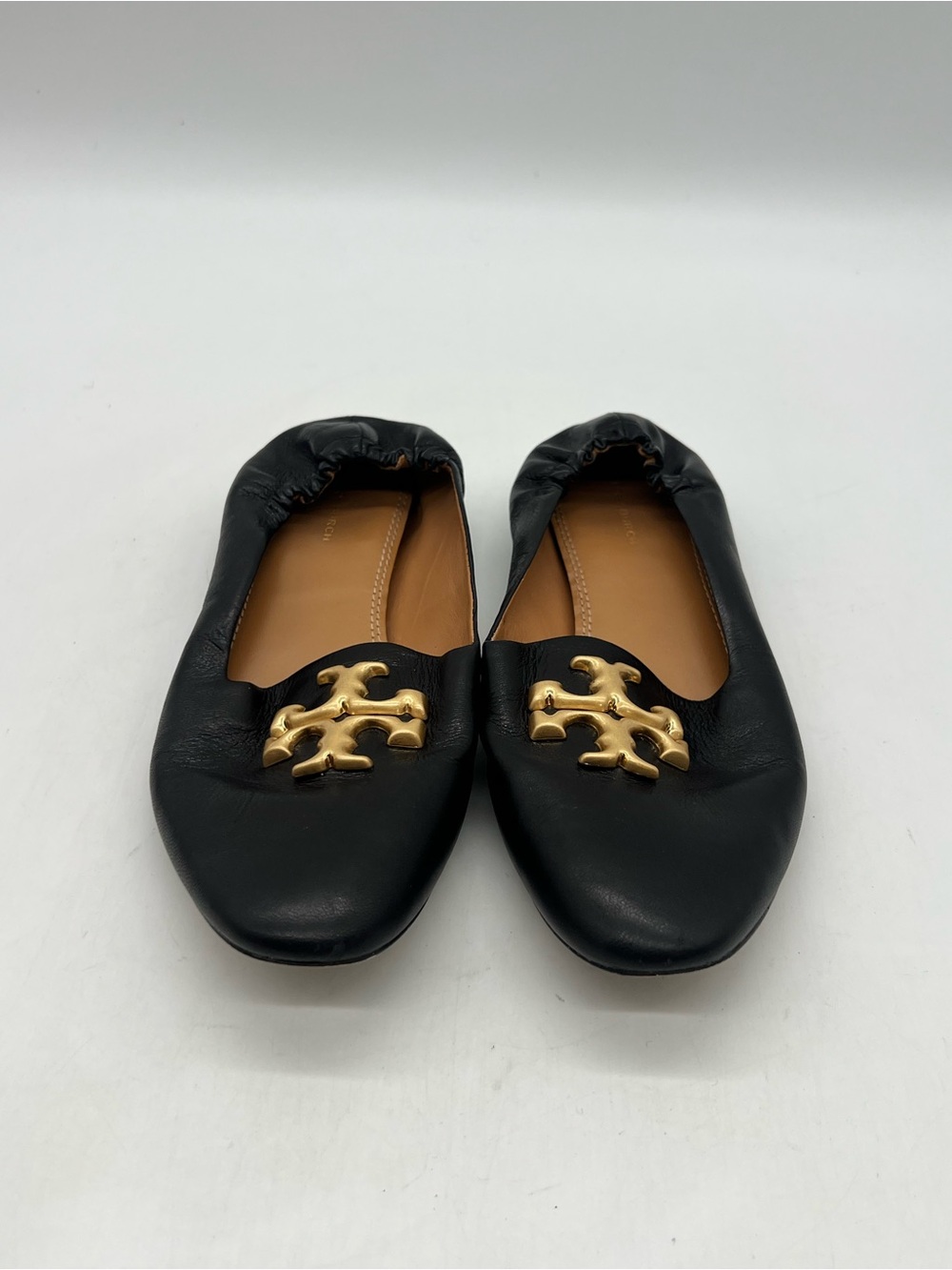 Tory Burch Eleanor Logo Goat Women 8.5M Black Leather Flat Loafers Shoes
